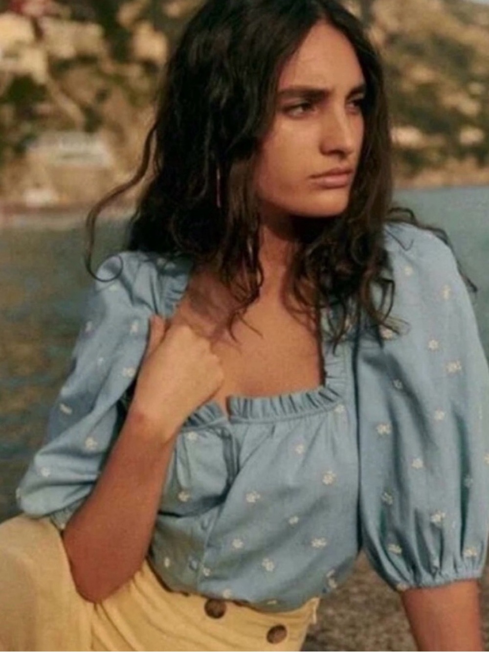 Sezane Kellia Blouse in Denim Chambray with Embroided White Florals